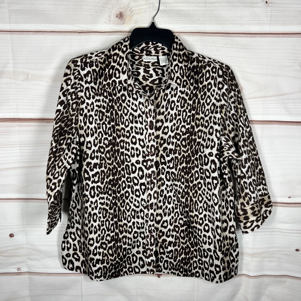 Kim Rogers Top Womens 1X Brown Leopard Print Shirt Button Up Cotton 3/4 Sleeve